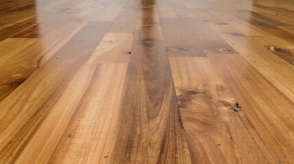 Polished Wooden Floor Wide-Angle, Low-Angle View of Parallel Wood Planks