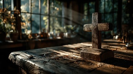 Wooden cross resting on a rustic table in a sunlit room surrounded by greenery