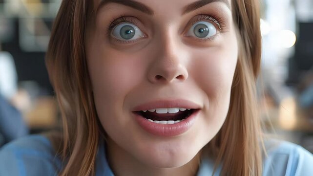 Surprised woman with blue eyes chewing gum, blowing large yellow bubble, close up portrait capturing playful and humorous moment indoors with bubble