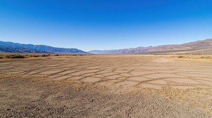 Naklejka premium Striking geometric shapes formed by intersecting ridges of sand dunes under clear skies, adding structure to creative layouts
