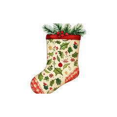 Traditional red and white Christmas sock with festive decorations isolated on white background