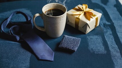 A coffee cup with steam, a blue tie, a patterned pocket square, and a gift box with a gold ribbon on a blue surface