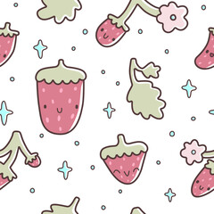 Seamless pattern with cute cartoon strawberries, pastel leaves, flowers, and stars. Kawaii hand-drawn characters,  adorable vector illustration