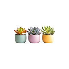Trio of vibrant succulents with colorful fleshy leaves in natural arrangement isolated on white background