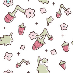 Seamless pattern with cute cartoon strawberries, pastel flowers, and leaves. Hand-drawn kawaii style vector illustration.