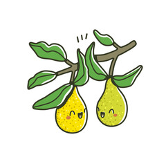 Cute cartoon pears with smiling faces hanging on a branch with green leaves. Hand-drawn vector illustration in kawaii style. Fun and cheerful design for kids and decoration.