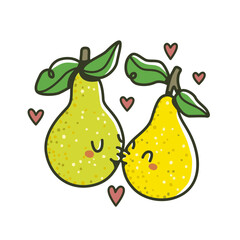 Cute cartoon pears in love, kissing with smiling faces and hearts around. Hand-drawn vector illustration in kawaii style. Romantic and playful design for Valentine’s Day and kids.