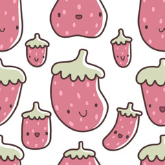 Seamless pattern with cute hand-drawn strawberries in cartoon style. Pink berries characters with smiling faces. Fun and playful vector illustration