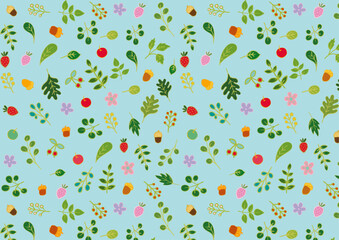 北欧風の果物と葉っぱのパターン2　Scandinavian Fruit and Leaf Pattern Flat Seamless Design