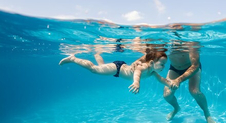 Young people enjoy a fun, relaxing summer vacation swimming and diving in the resort pool