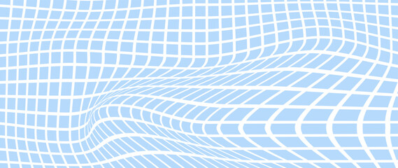 Distorted white grid on blue background creating abstract wavy mesh effect. Geometric optical illusion pattern. Vector background template.