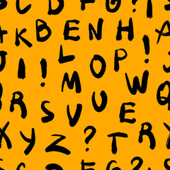 Hand drawn black alphabet letters and punctuation symbols scattered on orange background. Seamless pattern with rough brushstroke font.