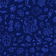 Seamless pattern with hand drawn marine animals including octopus, turtle, seahorse, jellyfish, squid, and fish on dark blue background.