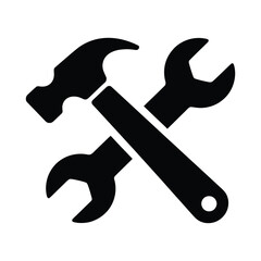 Black silhouette of a hammer and wrench crossed isolated on white background