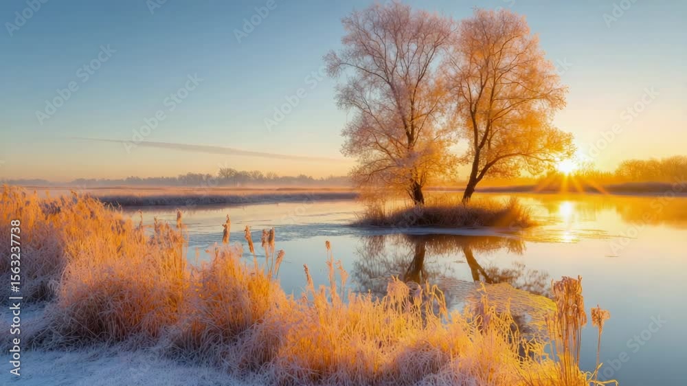 Poster a serene scene of the sun setting behind a tree on a frozen lake, great for winter or nature-themed 