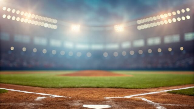 Blurred baseball field atmosphere with glowing lights and thrilling sports energy in the air
 - Powered by Adobe