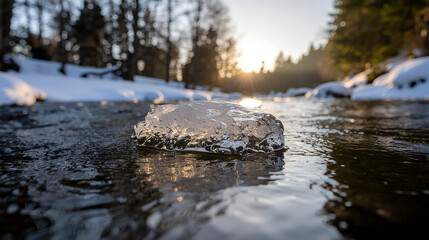 Obraz premium Macro Shot of Ice Flowing in a Winter River at Sunset