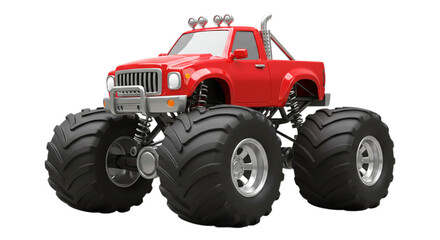 Red Monster Truck Dominance: A powerful red monster truck with colossal tires dominates the frame, epitomizing strength, ruggedness, and the spirit of off-road adventures. 