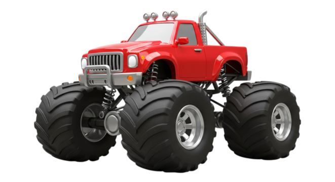 Red Monster Truck Dominance: A powerful red monster truck with colossal tires dominates the frame, epitomizing strength, ruggedness, and the spirit of off-road adventures. 