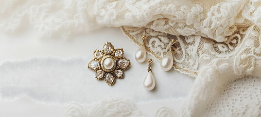 Elegant pearl drop earrings and a vintage brooch on a delicate cream lace background.