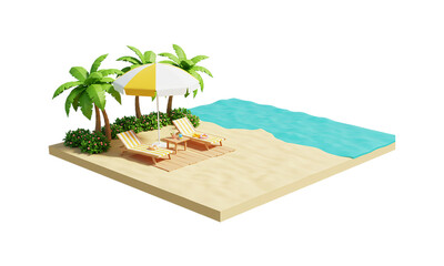 Serene Beach Escape:  A meticulously crafted scene depicting a tranquil beach escape, complete with palm trees, a stylish sun umbrella, and inviting beach chairs.