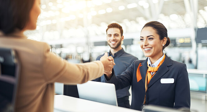 Smiling female airline staff member in uniform shakes hands with a customer at the airport check-in counter, with a male colleague assisting in the background, showcasing excellent service