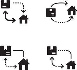 Package delivery route icons showing movement between box and house