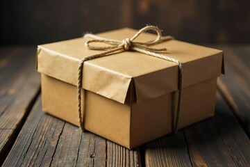 Intriguing cardboard box tied with twine, sitting on rustic wooden planks The worn texture hints at secrets within Perfect for mystery, suspense, or gift concepts , gift, anticipation, twine