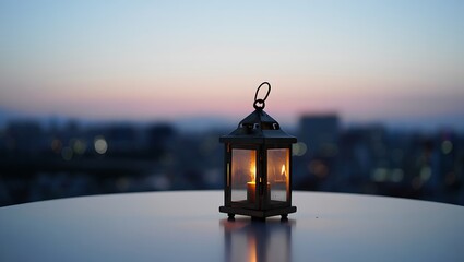 Glowing lantern on table against twilight cityscape candle flame