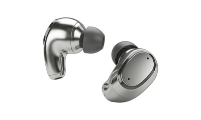 Wireless Earbuds: Sleek, metallic wireless earbuds isolated, a testament to modern audio technology and the fusion of style and functionality. A perfect representation of the latest innovation.