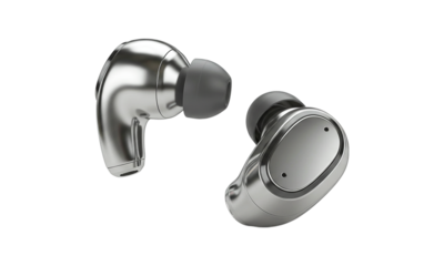 Wireless Earbuds: Sleek, metallic wireless earbuds isolated, a testament to modern audio technology and the fusion of style and functionality. A perfect representation of the latest innovation.