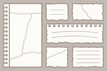 Collection of Torn Paper Note Templates with Perforated Edges and Lined, Blank, and Patterned Designs on a Neutral Background
