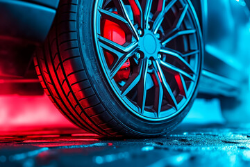 A close up of a car wheel with red brake lights on it