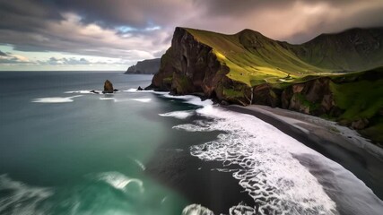 Dramatic coastal landscape showcasing rugged cliffs, green hills, and turbulent waves crashing on a dark beach under a cloudy sky. - Powered by Adobe
