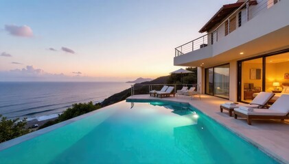 Fototapeta premium Luxury holiday villa with private pool and stunning ocean views Enjoy breathtaking sunsets and spacious interiors, perfect for a relaxing getaway , patio, interior design