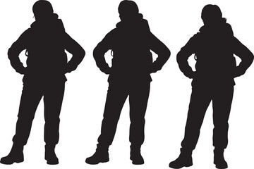 three women people standing with hands on  full body silhouette