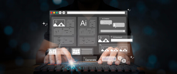 Man touch AI, SEO icon on websites to rank search engines. Search with Ai assistant, search on...