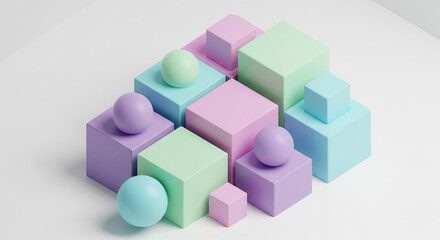 Obraz premium 3D abstract geometric shapes, isometric cubes and spheres, pastel color scheme, clean minimal background, high resolution.