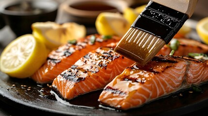 Ponzu sauce being brushed onto grilled salmon fillets, with lemon wedges and soy sauce in the background.