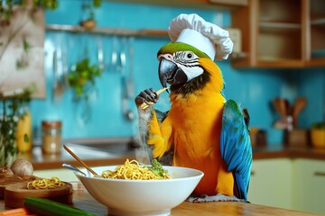 A colorful macaw parrot wearing a chef's hat is eating spaghetti in a bright kitchen. The kitchen features wooden cabinets and a blue wall.