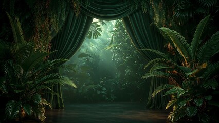 Jungle Stage Setting: A lavish stage, framed by heavy velvet curtains, reveals a backdrop of a lush, verdant jungle, inviting the viewer into a world of mysterious beauty.