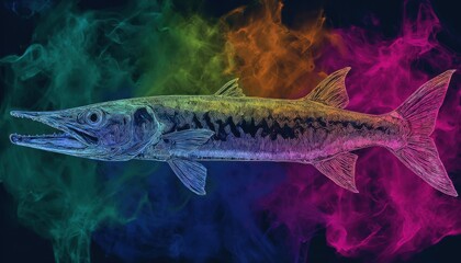 Colorful Illustration of a Fish Surrounded by Vibrant Smoke Effects
