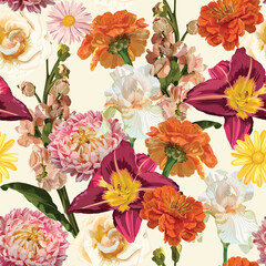 Seamless Pattern. Garden flowers. Magical lily, zinnia, iris flowers. Realistic vector image. Print for all types of surfaces. Trendy print.