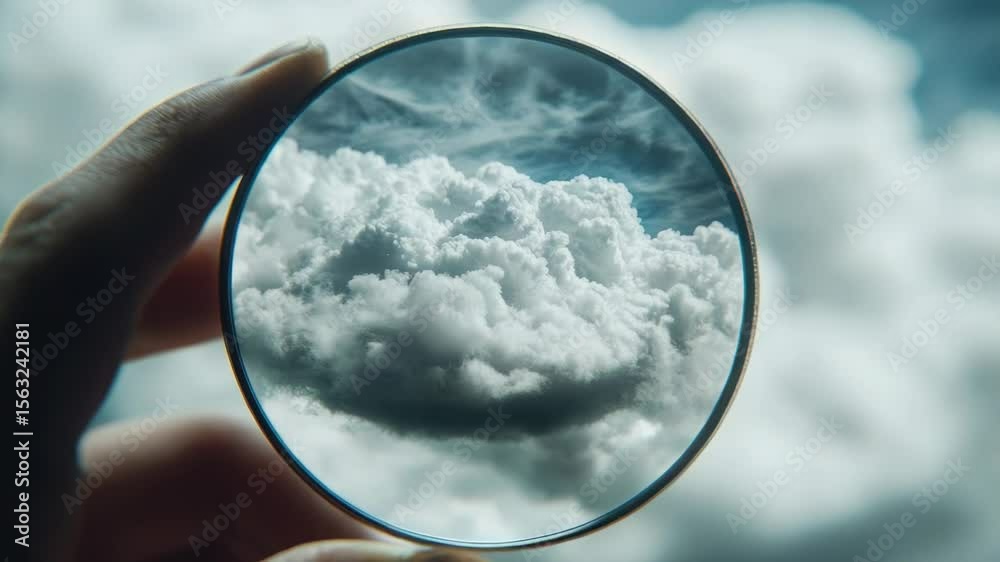 Poster a person holds a magnifying lens in front of a cloudy sky, perfect for detective or science-themed i