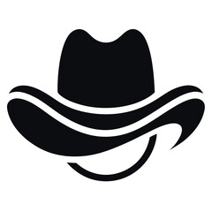 Silhouette of a Black Cowboy Hat with Curved Brim and Chin Strap Against White Background