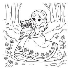Girl with owl in forest coloring page line art drawing