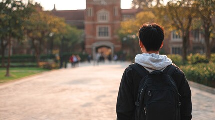 Asian student with a backpack walking through a university campus. Back view of young man. Concept of international education, student diversity, new beginnings, and cultural integration. Copy space