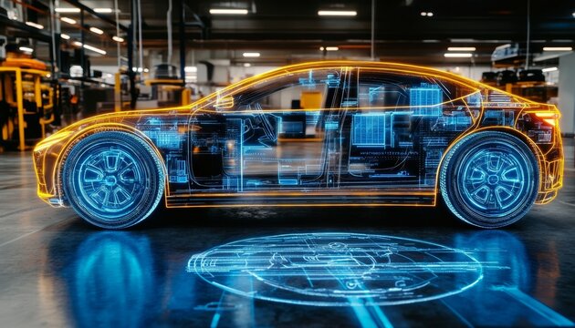 Futuristic Hologram Electric Car in Workshop Showcasing Advanced Automotive Virtual Reality Tech