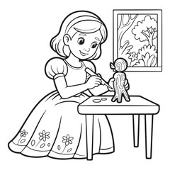 Girl carving wooden figure at table coloring page outline