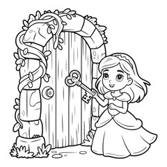 Princess unlocking door with key in black and white art